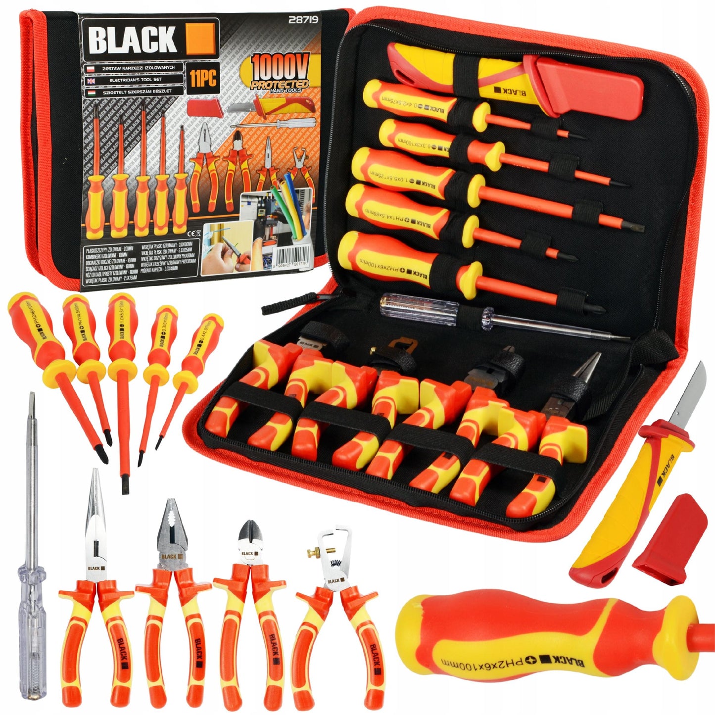 Didelis įrankių ir atsuktuvų rinkinys elektrikui, 1000V izoliuoti, 11 vnt. BLACK