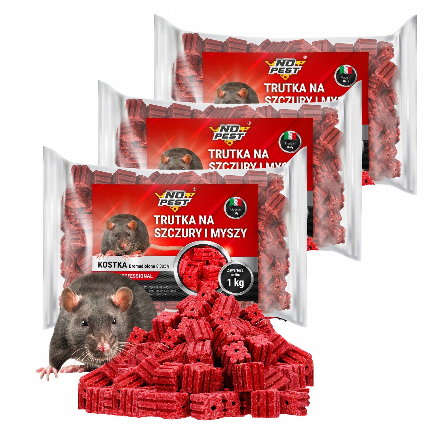 STIPRUS JATKAS ŽIURKĖMS PELĖMS RAUDONAS BLOKELIS BROMADIOLONE NO PEST 3x1KG