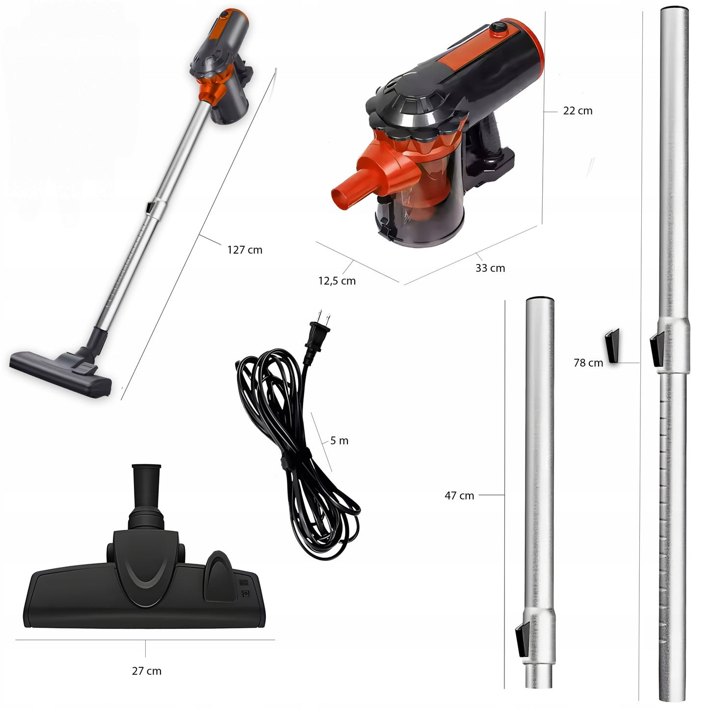 Vertikalus rankinis cikloninis dulkių siurblys be maišelio, galingas 650W, 5in1, patogus, 5m