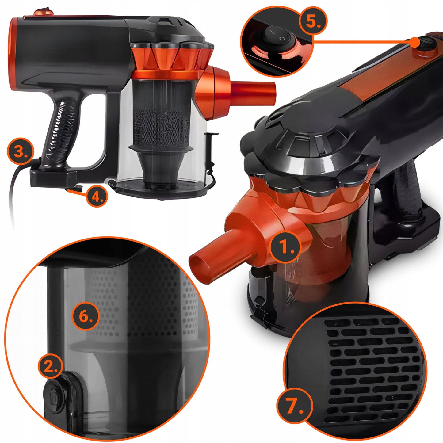 Vertikalus rankinis cikloninis dulkių siurblys be maišelio, galingas 650W, 5in1, patogus, 5m