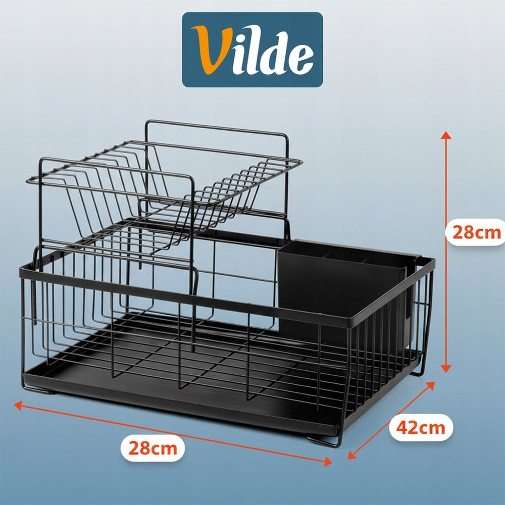 Indų džiovykla DIDELĖ DŽIOVYKLA indams, lėkštėms, stalo įrankiams 2 aukštų juoda metalinė XXL