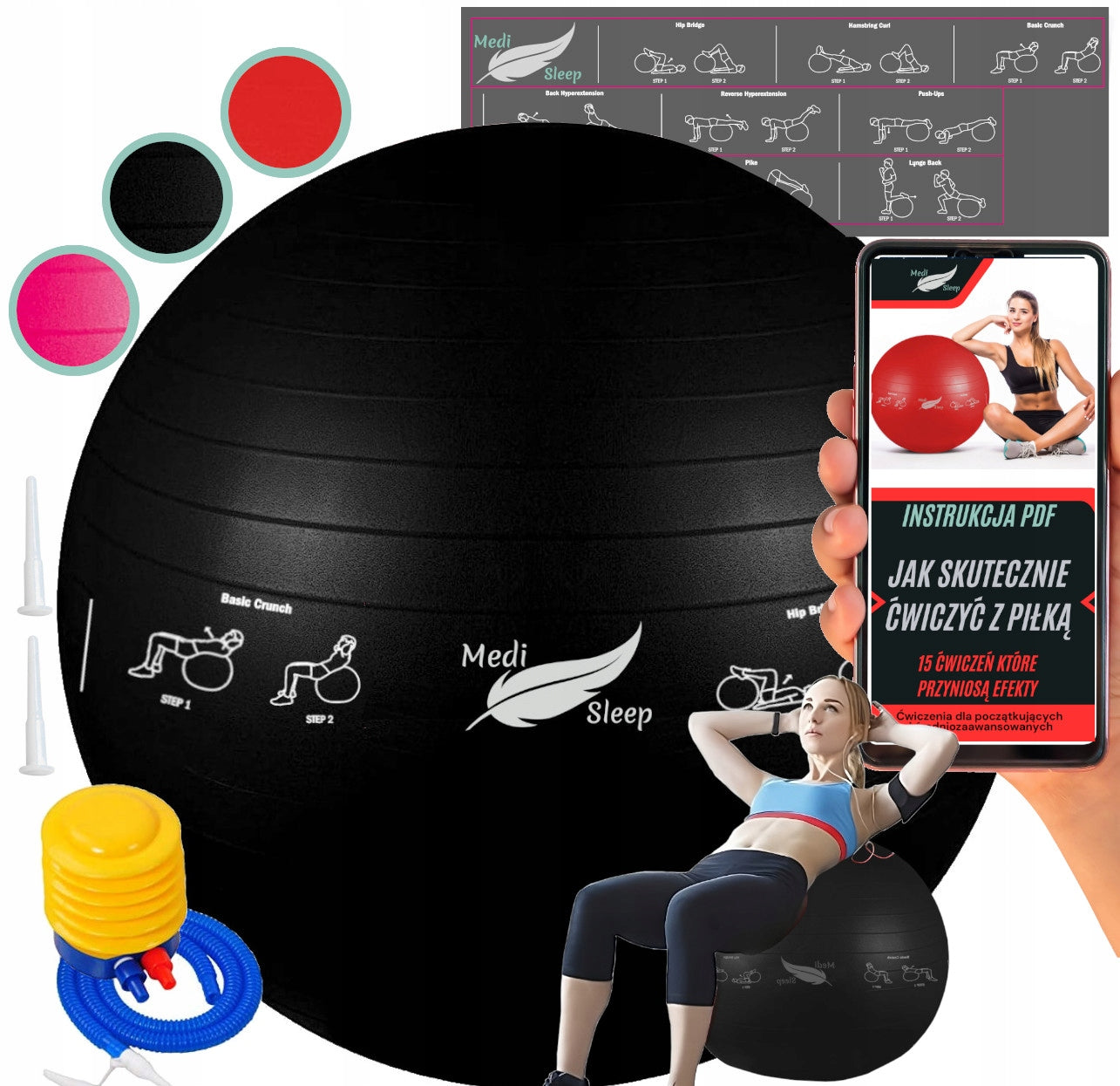 Reabilitacinis gimnastikos kamuolys pratimams, treniruotėms, fitnesui su pompa, 65cm