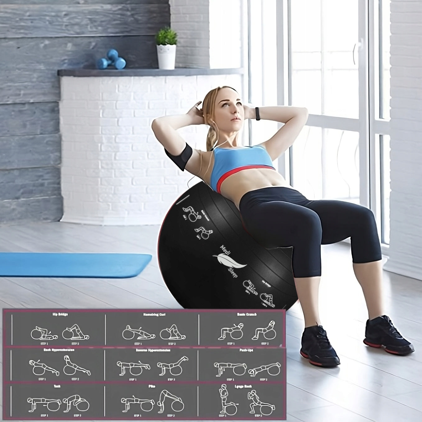 Reabilitacinis gimnastikos kamuolys pratimams, treniruotėms, fitnesui su pompa, 65cm