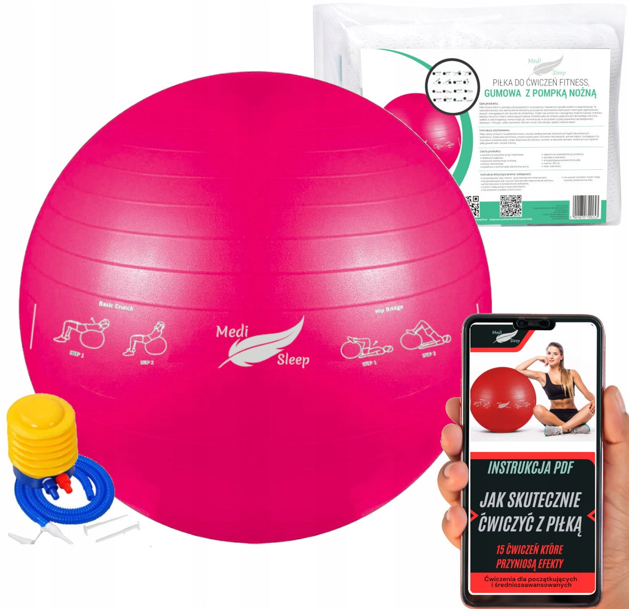 Reabilitacinis gimnastikos kamuolys pratimams, treniruotėms, fitnesui su pompa, 65cm