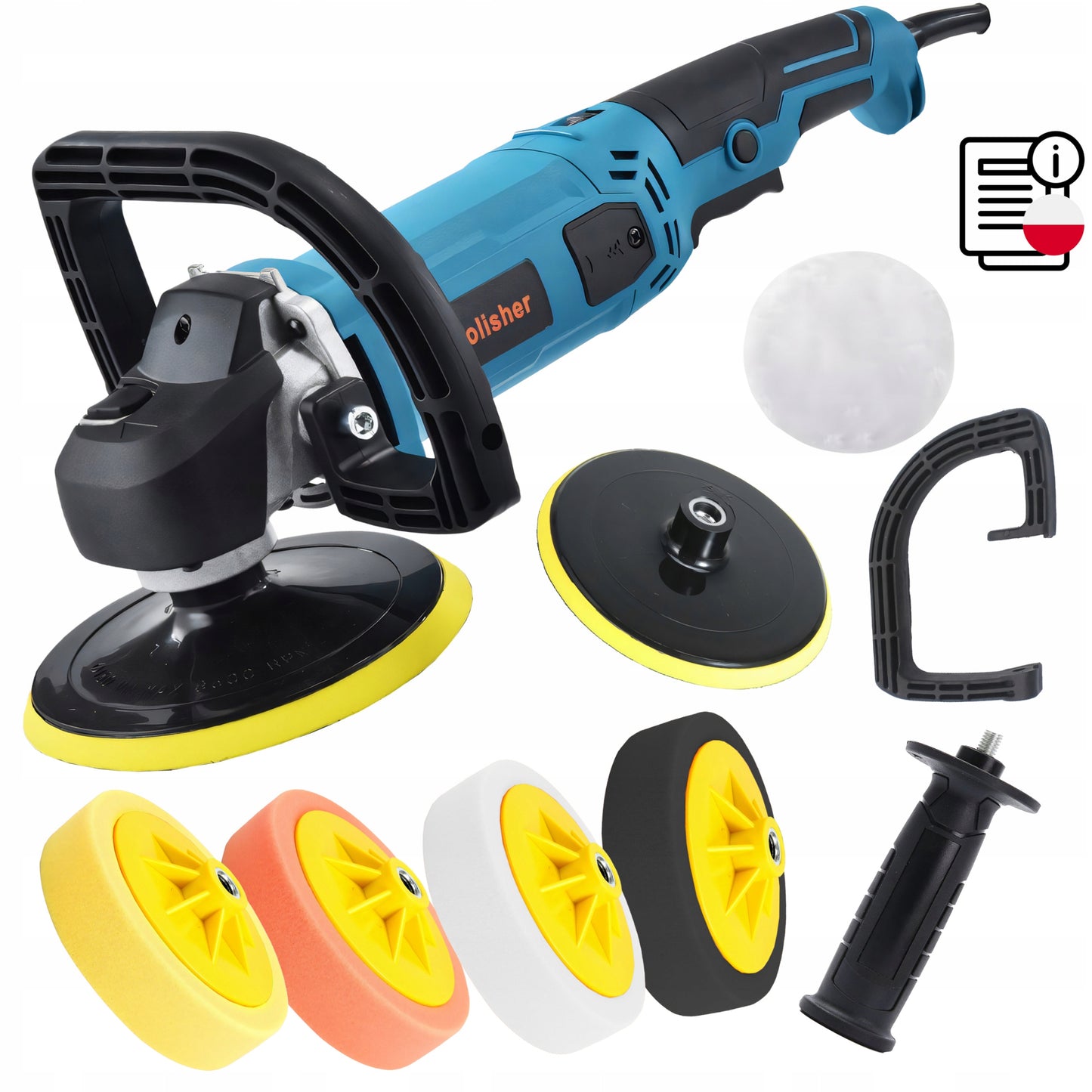 Galingas automobilinis poliruoklis/šlifuoklis su reguliuojamais apsukais ir kempinių rinkiniu, 2900W