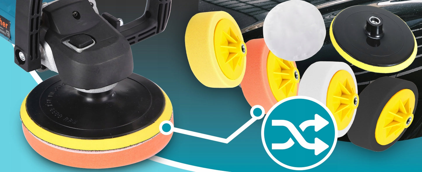 Galingas automobilinis poliruoklis/šlifuoklis su reguliuojamais apsukais ir kempinių rinkiniu, 2900W