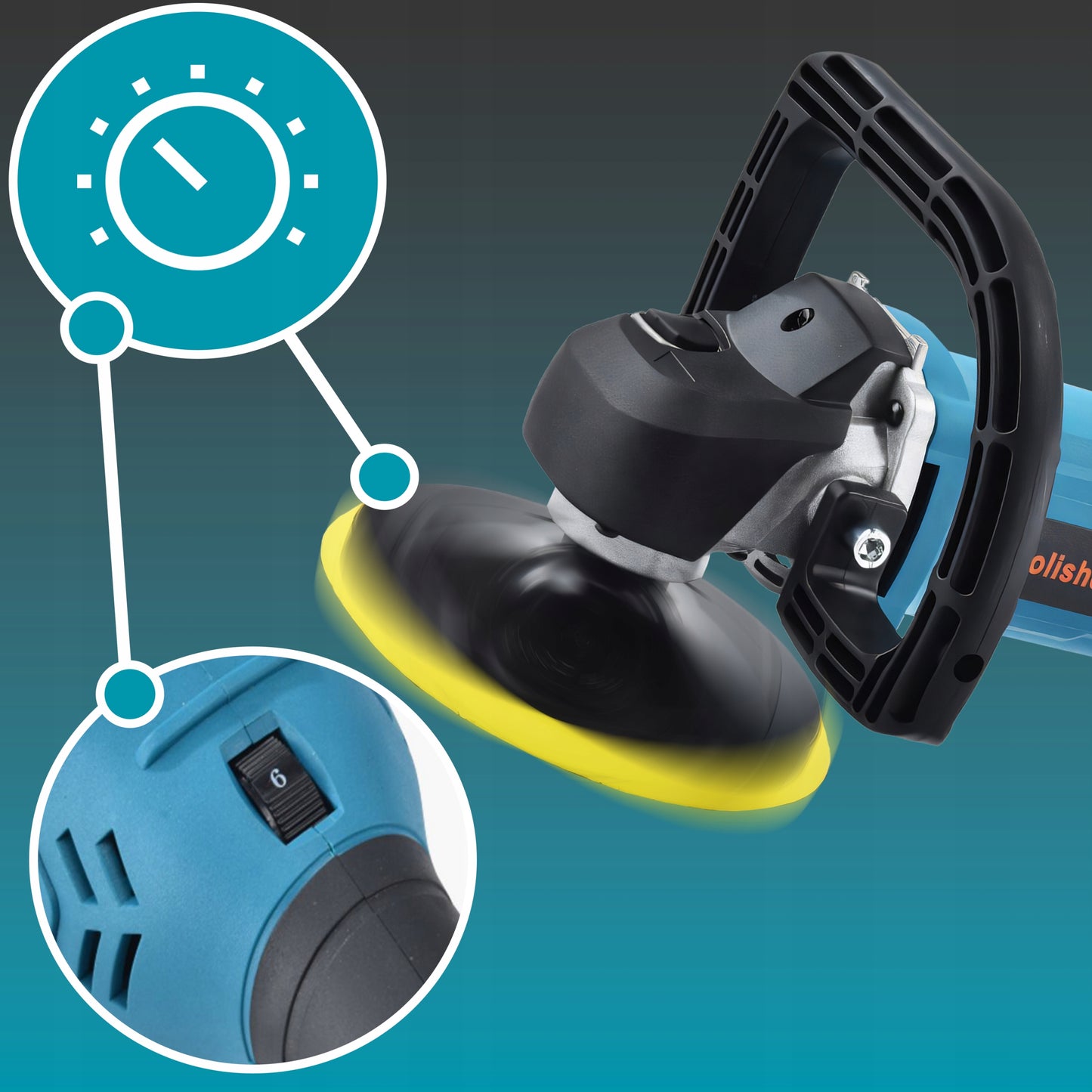 Galingas automobilinis poliruoklis/šlifuoklis su reguliuojamais apsukais ir kempinių rinkiniu, 2900W