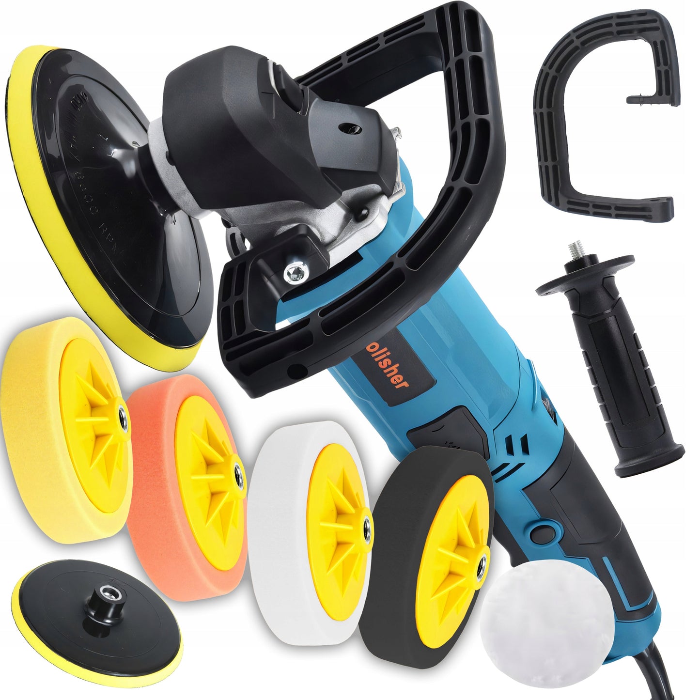 Galingas automobilinis poliruoklis/šlifuoklis su reguliuojamais apsukais ir kempinių rinkiniu, 2900W