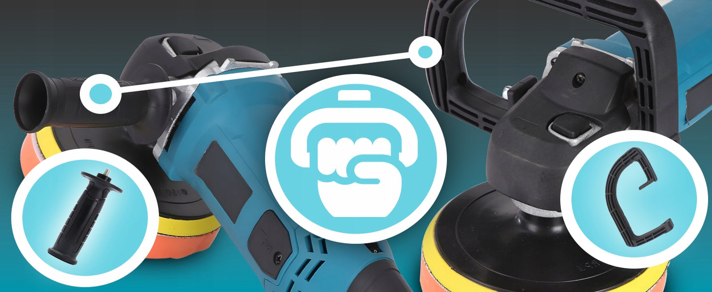 Galingas automobilinis poliruoklis/šlifuoklis su reguliuojamais apsukais ir kempinių rinkiniu, 2900W