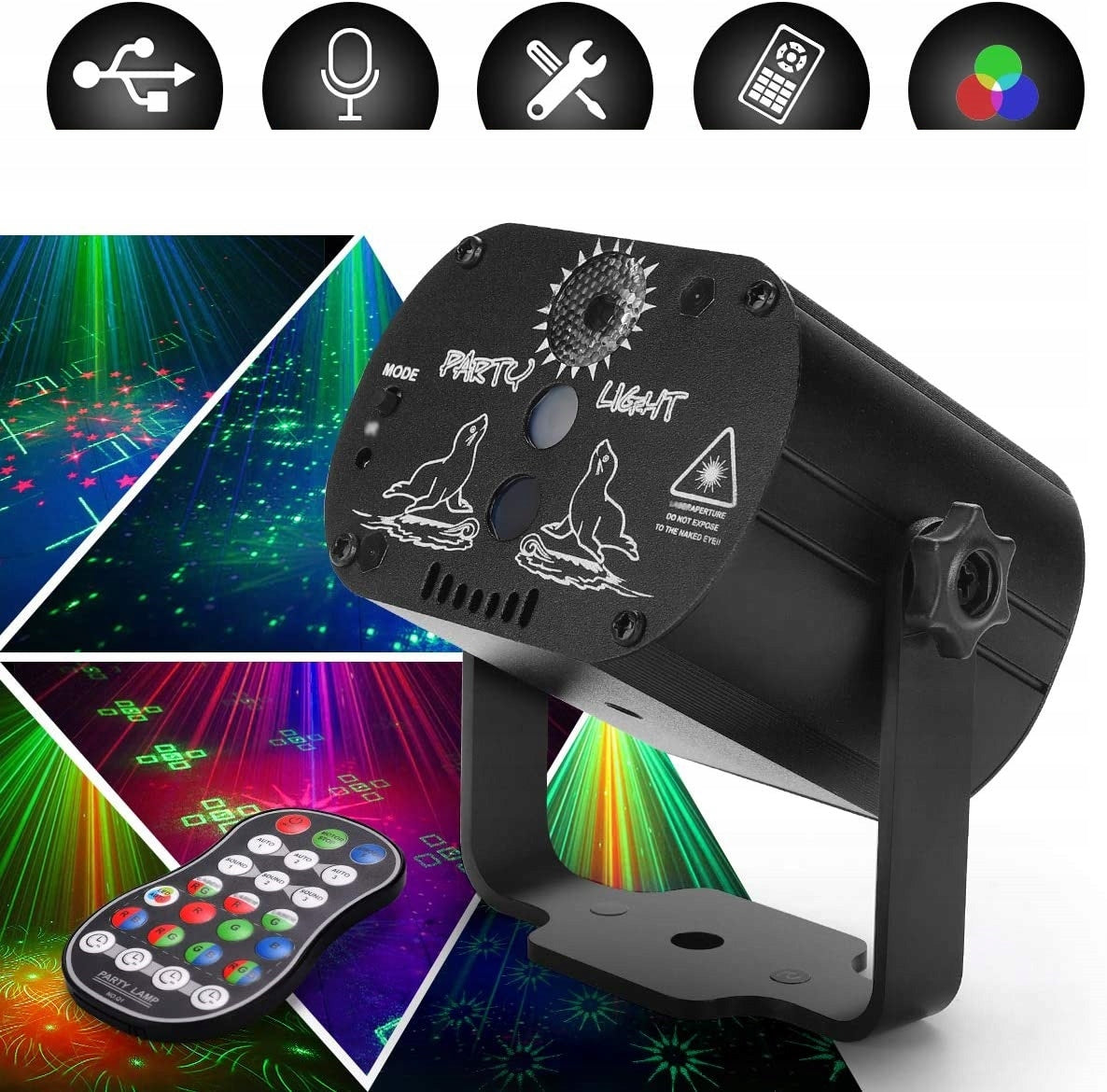 Spalvotas lazerinis diskotekos rutulys su nuotolinio valdymo pulteliu ir 2 baterijomis