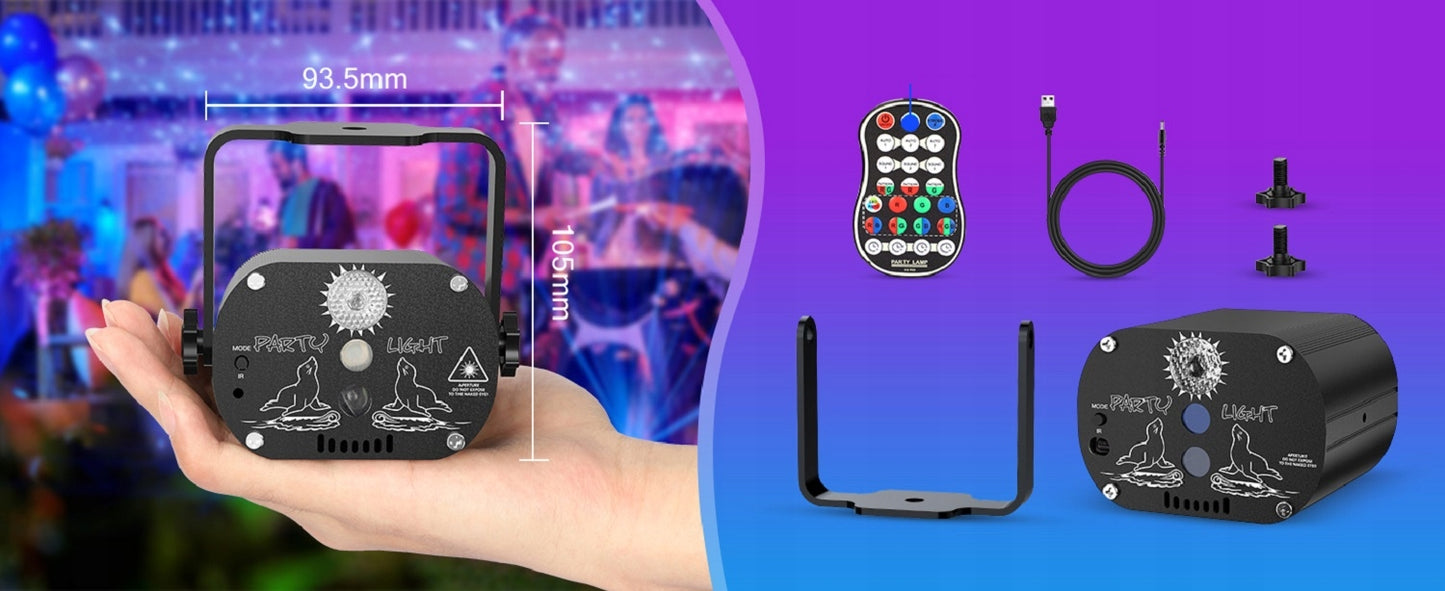 Spalvotas lazerinis diskotekos rutulys su nuotolinio valdymo pulteliu ir 2 baterijomis