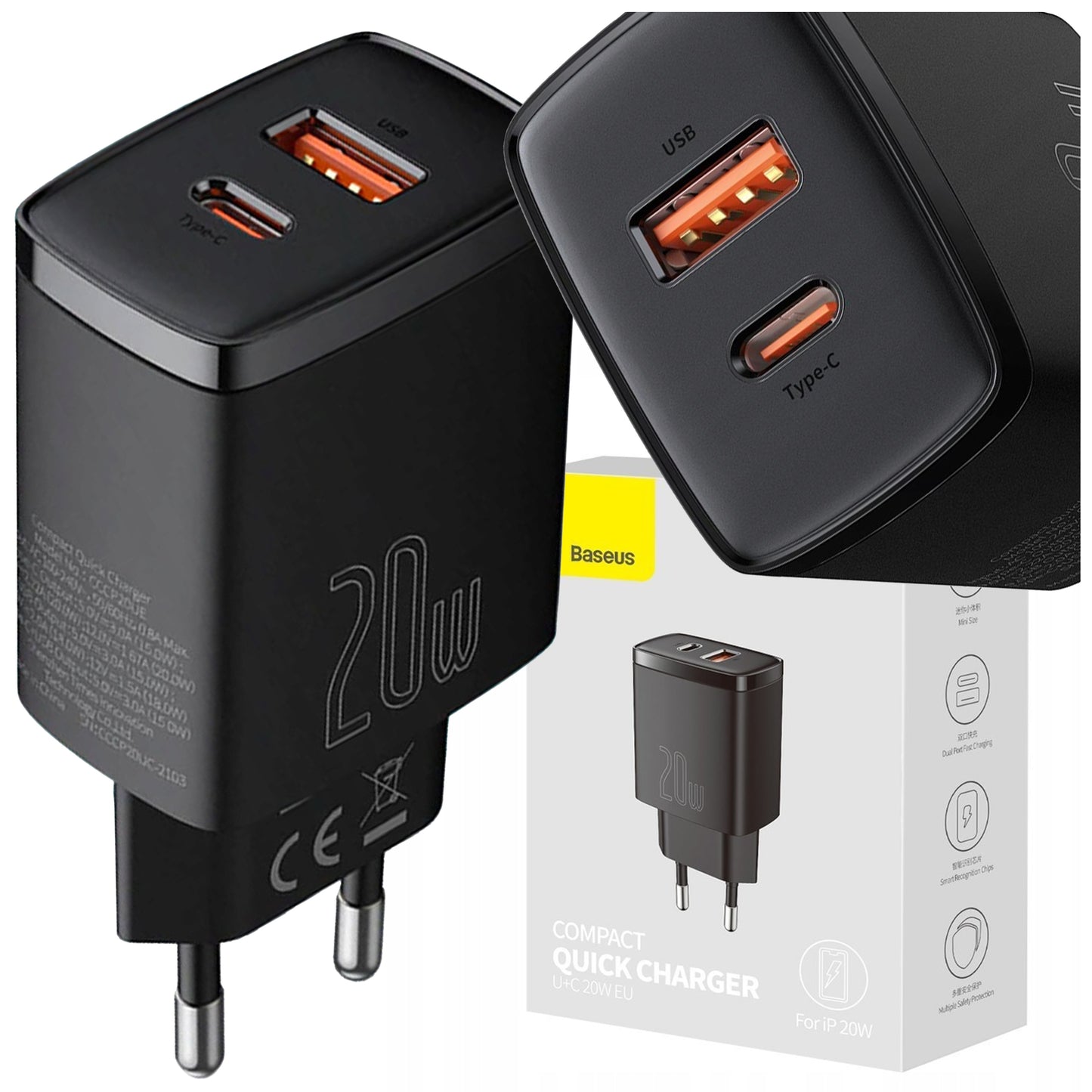 Galingas BASEUS 20W 3A USB-C tinklo įkroviklis, greitas QC PD telefonui