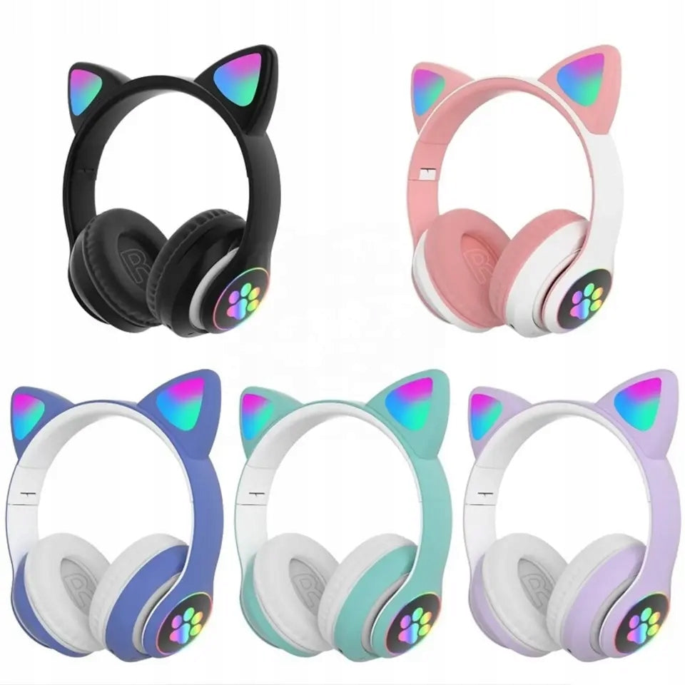Belaidės „Bluetooth“ ausinės vaikams, ant ausų, su katės ausimis, violetinės