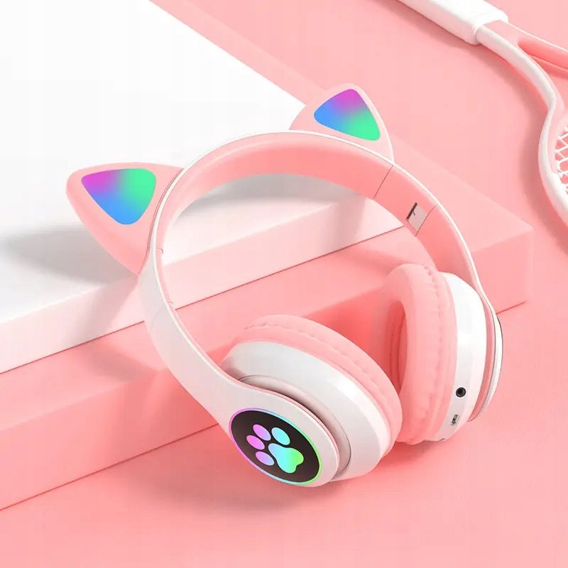 Belaidės „Bluetooth“ ausinės vaikams, ant ausų, su katės ausimis, violetinės