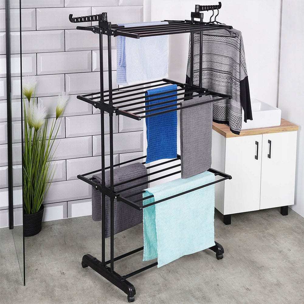 Didelė vertikali juoda metalinė XXL drabužių ir apatinių skalbinių džiovykla