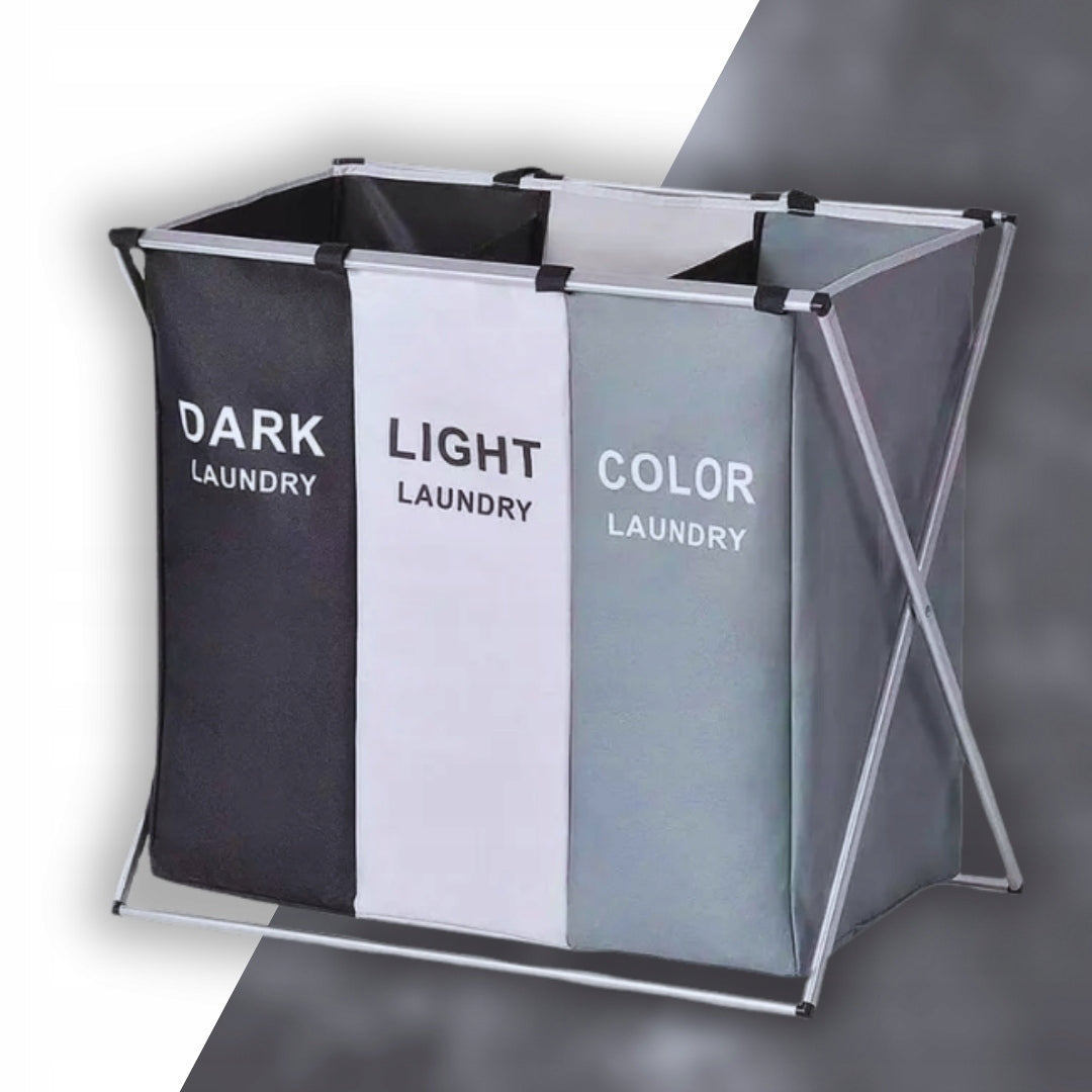 Didelis laisvai statomas skalbinių krepšys su trimis skyriais, XXL dydžio organizatorius
