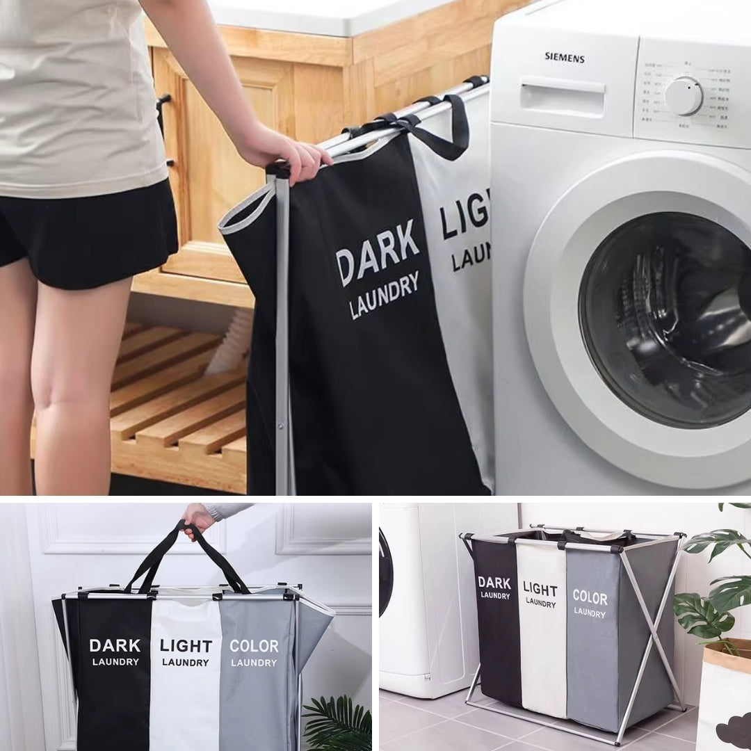 Didelis laisvai statomas skalbinių krepšys su trimis skyriais, XXL dydžio organizatorius