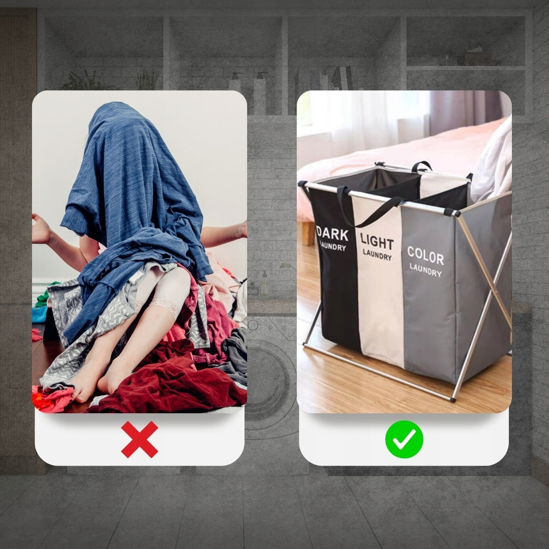 Didelis laisvai statomas skalbinių krepšys su trimis skyriais, XXL dydžio organizatorius