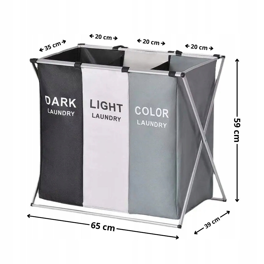 Didelis laisvai statomas skalbinių krepšys su trimis skyriais, XXL dydžio organizatorius