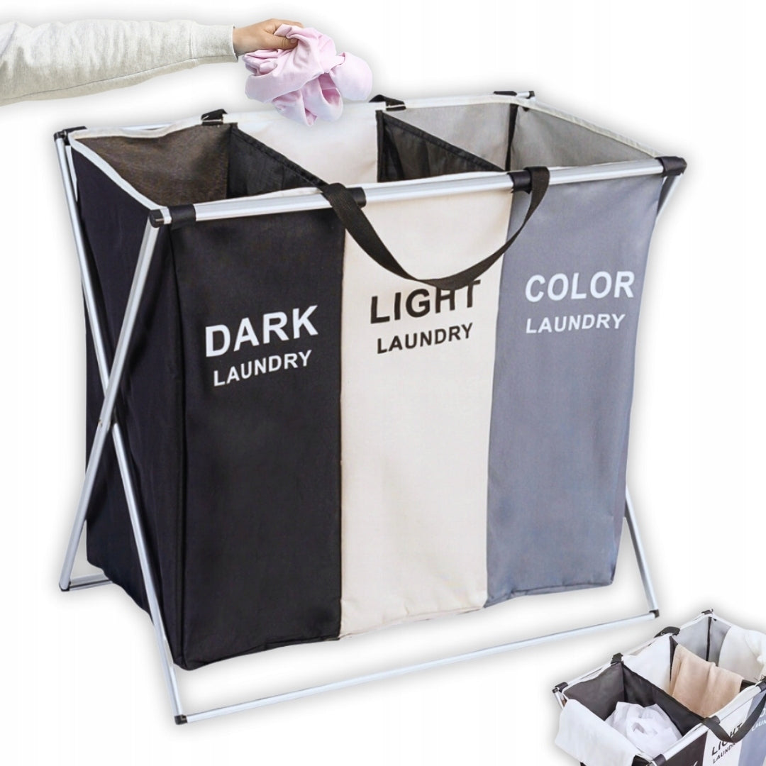 Didelis laisvai statomas skalbinių krepšys su trimis skyriais, XXL dydžio organizatorius