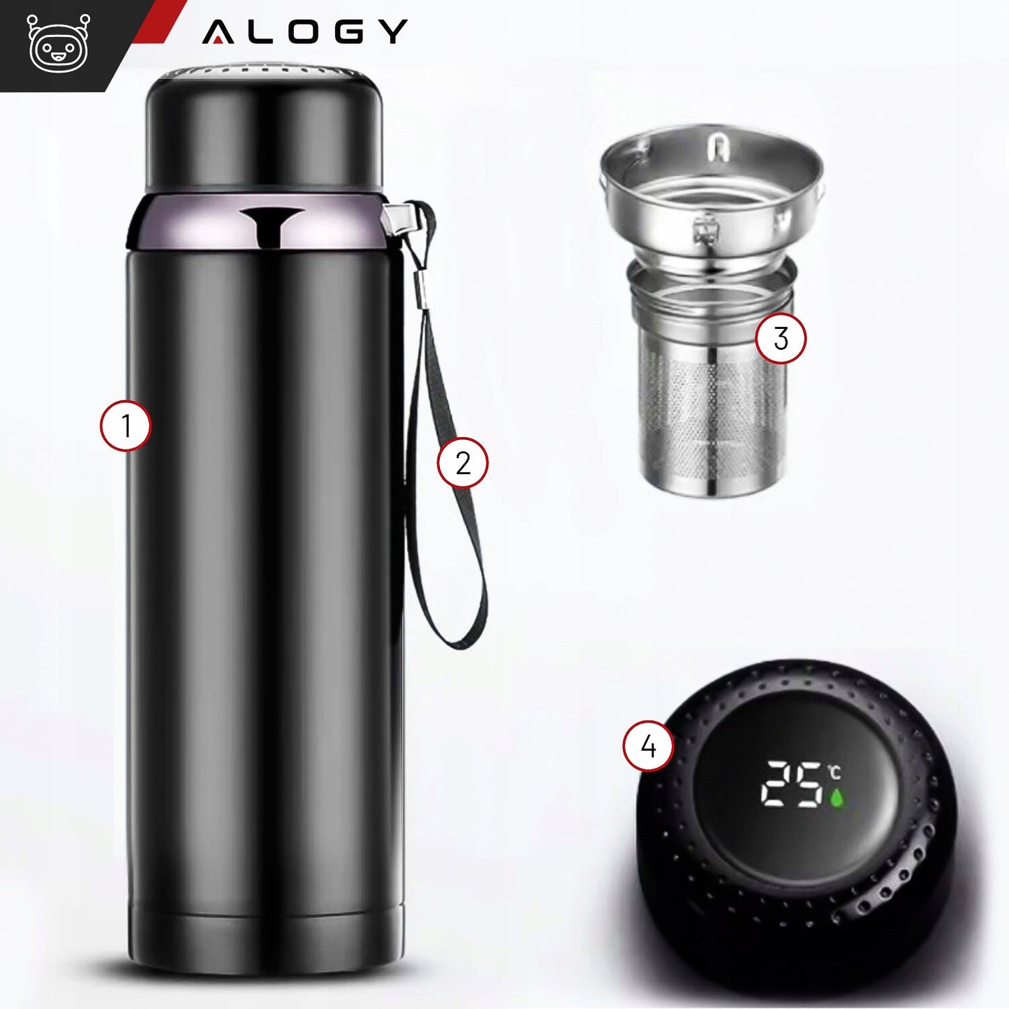 Termosas LED Alogy 800ml su sieteliu ir ekranėliu kavai ir arbatai Juodas