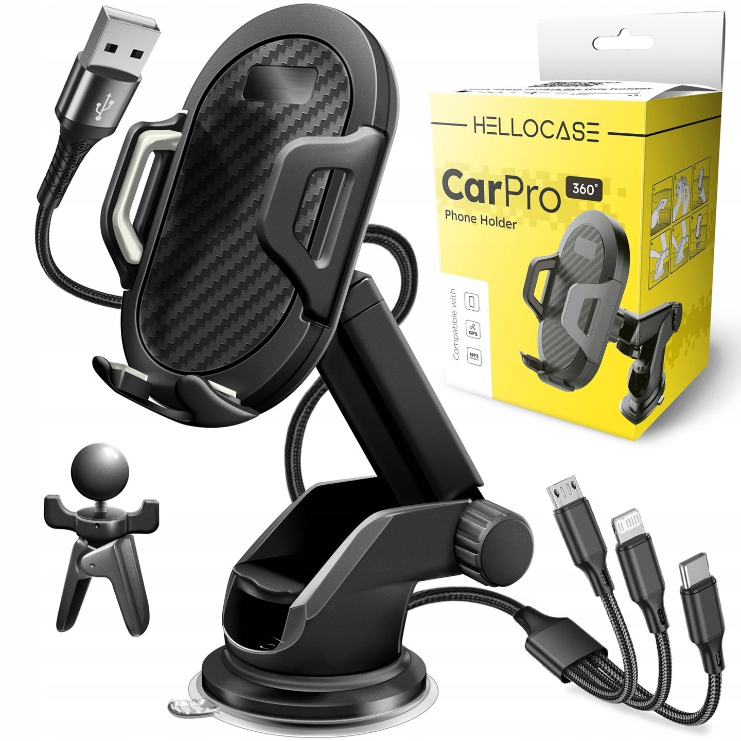 STIPRUS AUTOMOBILINIS TELEFONO LAIKIKLIS ANT STIKLO, PRIETAISŲ SKYDELIO, VENTILIACIJOS GĖLELIŲ + 3IN1 USB LAIDAS