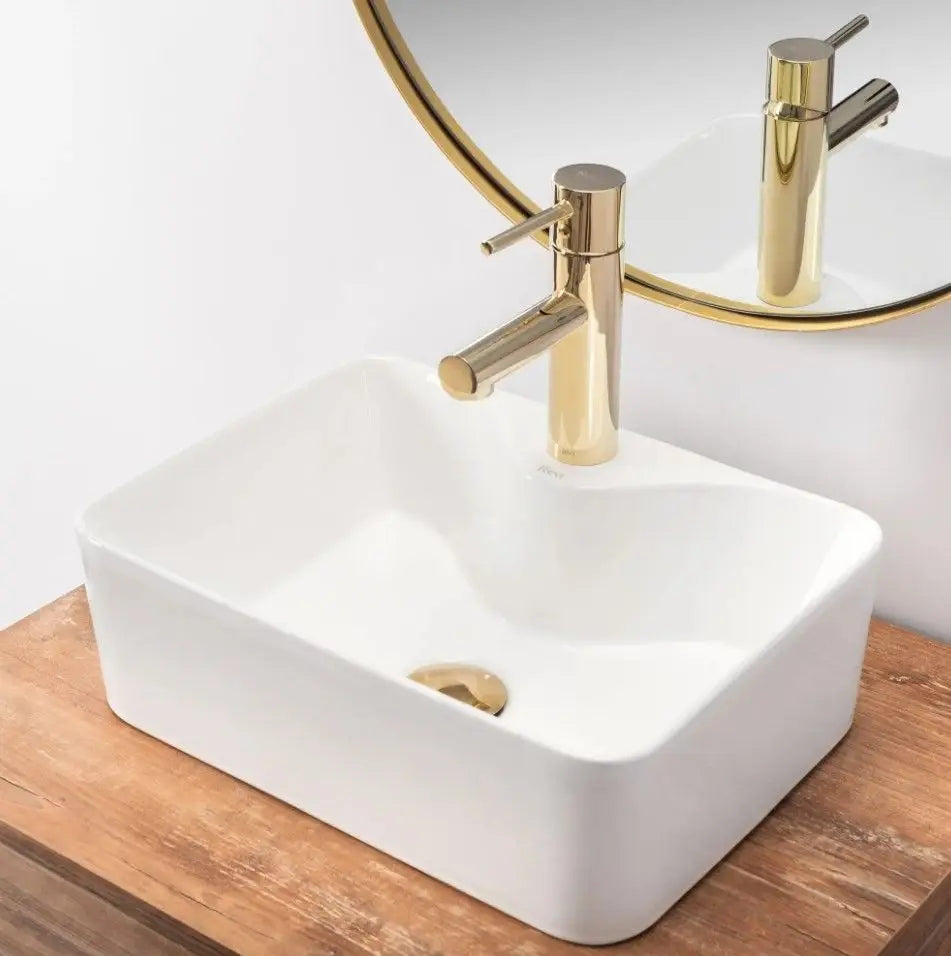 Stačiakampis baltas mažas siauras praustuvas ant stalviršio REA KELLY MINI WHITE 41 cm