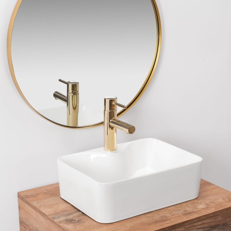 Stačiakampis baltas mažas siauras praustuvas ant stalviršio REA KELLY MINI WHITE 41 cm