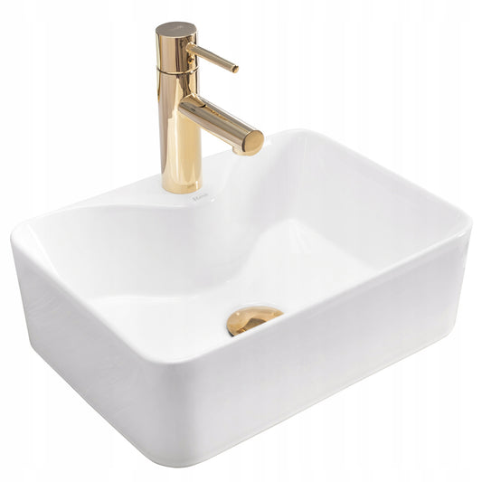 Stačiakampis baltas mažas siauras praustuvas ant stalviršio REA KELLY MINI WHITE 41 cm