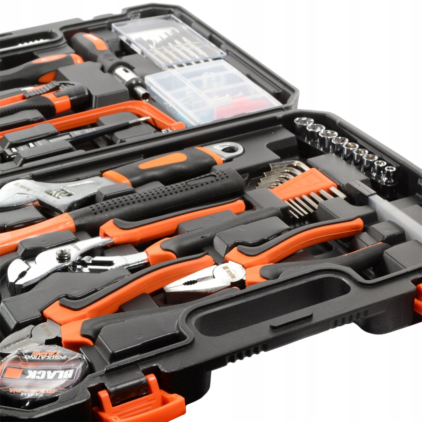 Įrankių dėklas 100 vnt. Raktai, Antgaliai, Atsuktuvai, Plaktukas, Replės CRV BLACK