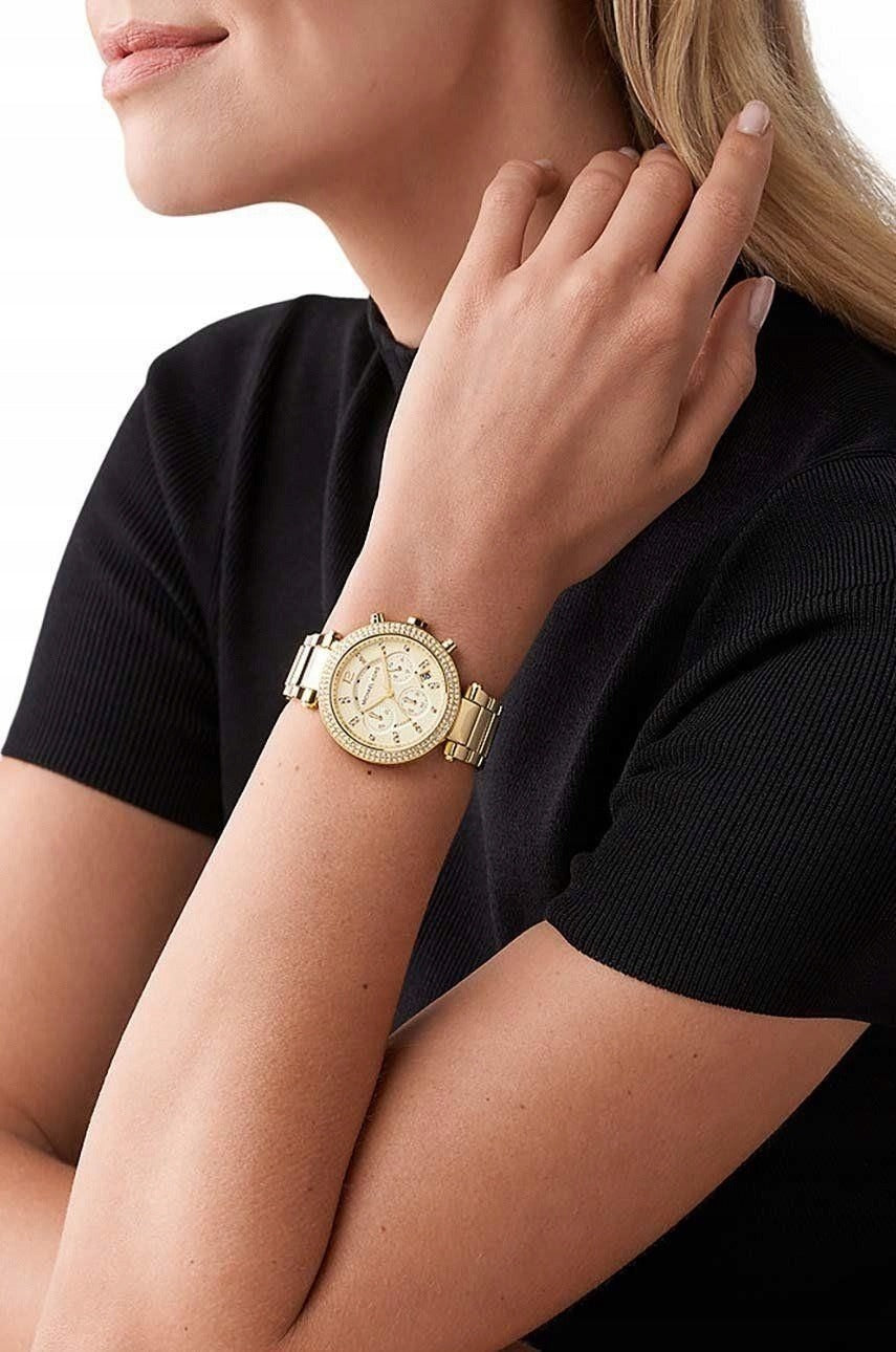 Auksinis moteriškas laikrodis Michael Kors MK5354 Parker su cirkoniais ir dovanų dėžute