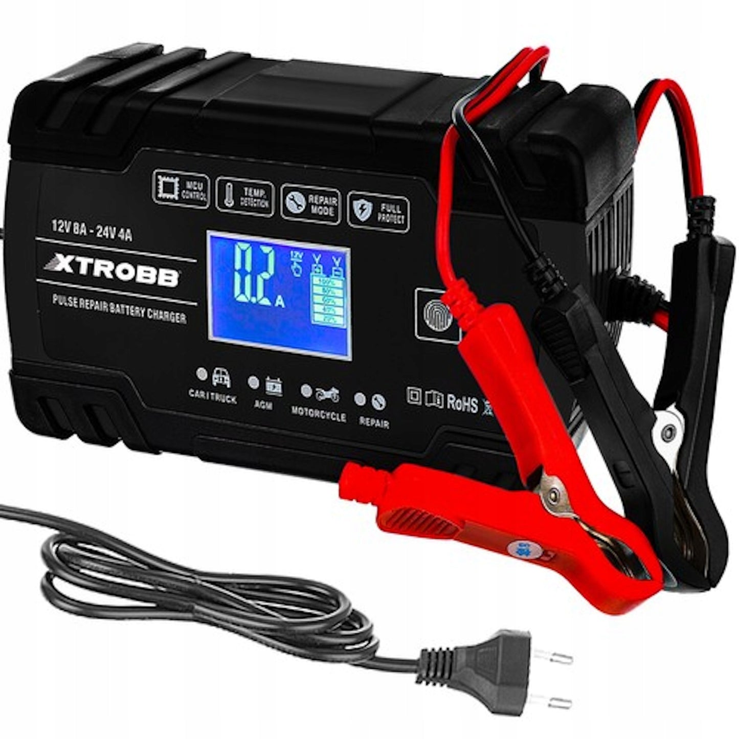 Automatinis akumuliatoriaus įkroviklis 12V/24V 8A su LCD ekranu ir akumuliatoriaus atnaujinimo funkcija – greitas, saugus ir universalus