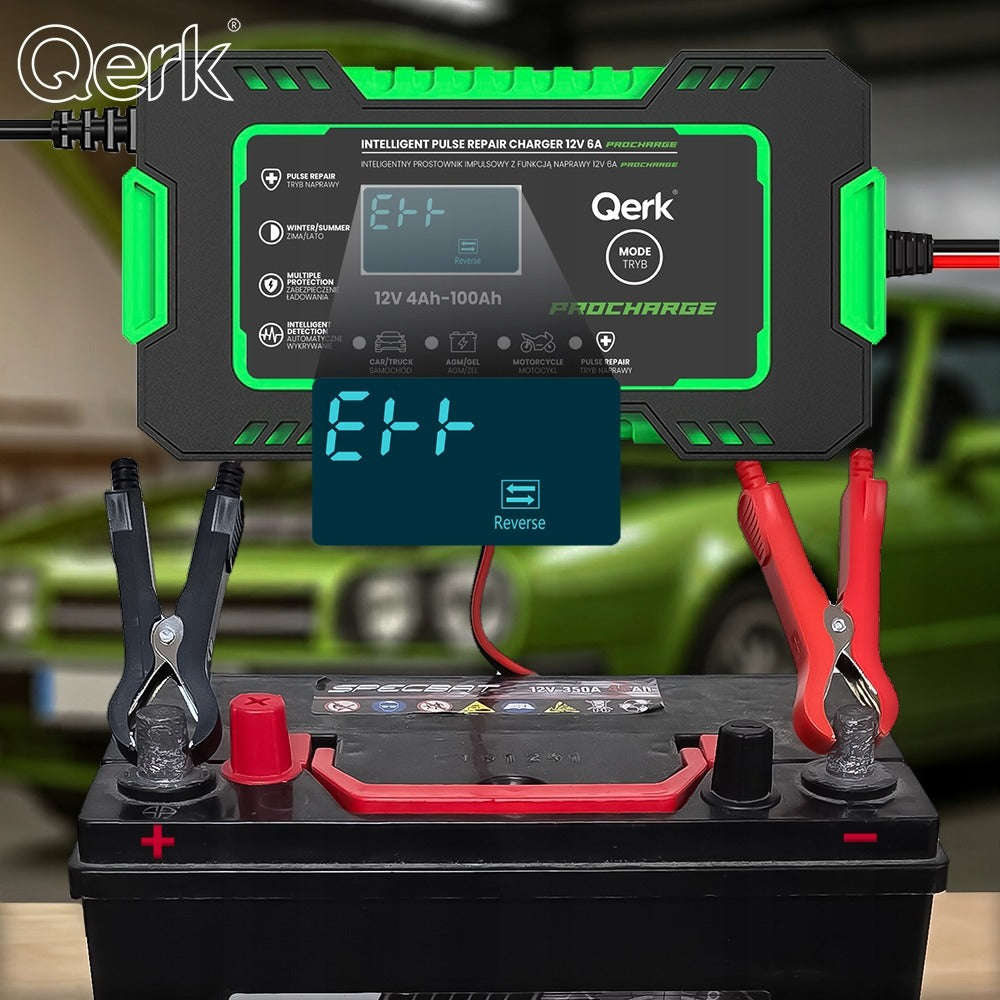 Automobilio akumuliatoriaus pakrovėjas 12V 6A su mikroprocesoriumi ir akumuliatoriaus taisymo funkcija QERK RJ-C120501A, impulsinis automatinis pakrovėjas AGM GEL EFB Start Stop akumuliatoriams