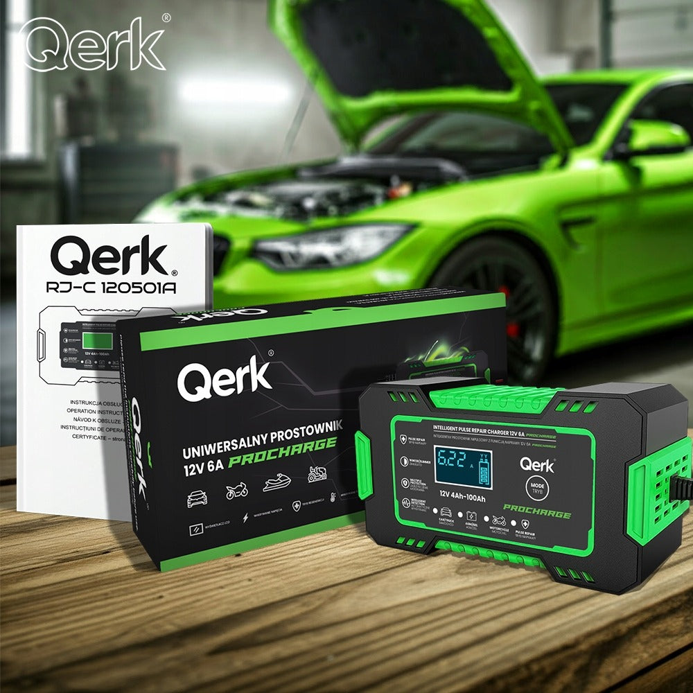 Automobilio akumuliatoriaus pakrovėjas 12V 6A su mikroprocesoriumi ir akumuliatoriaus taisymo funkcija QERK RJ-C120501A, impulsinis automatinis pakrovėjas AGM GEL EFB Start Stop akumuliatoriams
