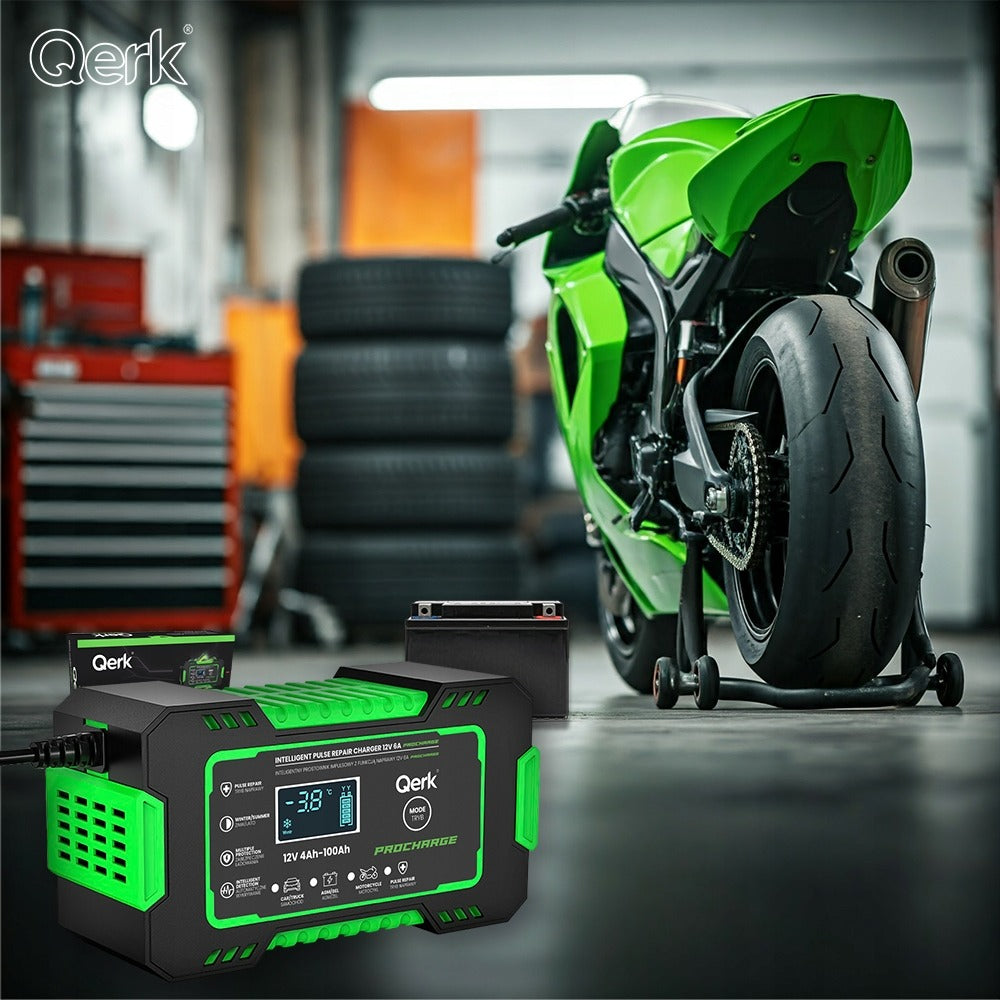 Automobilio akumuliatoriaus pakrovėjas 12V 6A su mikroprocesoriumi ir akumuliatoriaus taisymo funkcija QERK RJ-C120501A, impulsinis automatinis pakrovėjas AGM GEL EFB Start Stop akumuliatoriams
