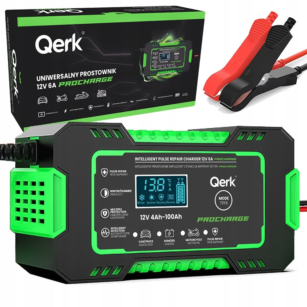 Automobilio akumuliatoriaus pakrovėjas 12V 6A su mikroprocesoriumi ir akumuliatoriaus taisymo funkcija QERK RJ-C120501A, impulsinis automatinis pakrovėjas AGM GEL EFB Start Stop akumuliatoriams