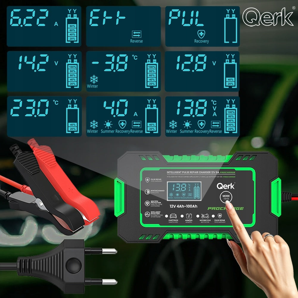 Automobilio akumuliatoriaus pakrovėjas 12V 6A su mikroprocesoriumi ir akumuliatoriaus taisymo funkcija QERK RJ-C120501A, impulsinis automatinis pakrovėjas AGM GEL EFB Start Stop akumuliatoriams