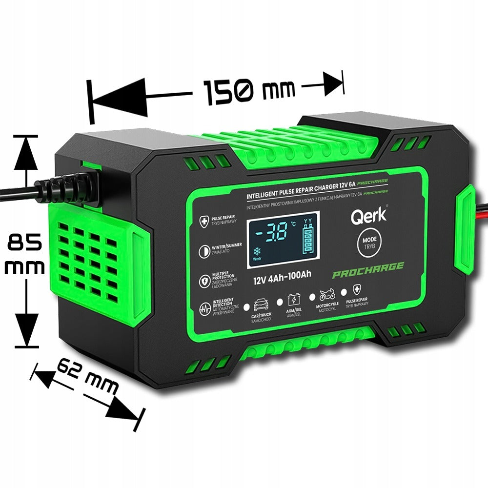 Automobilio akumuliatoriaus pakrovėjas 12V 6A su mikroprocesoriumi ir akumuliatoriaus taisymo funkcija QERK RJ-C120501A, impulsinis automatinis pakrovėjas AGM GEL EFB Start Stop akumuliatoriams