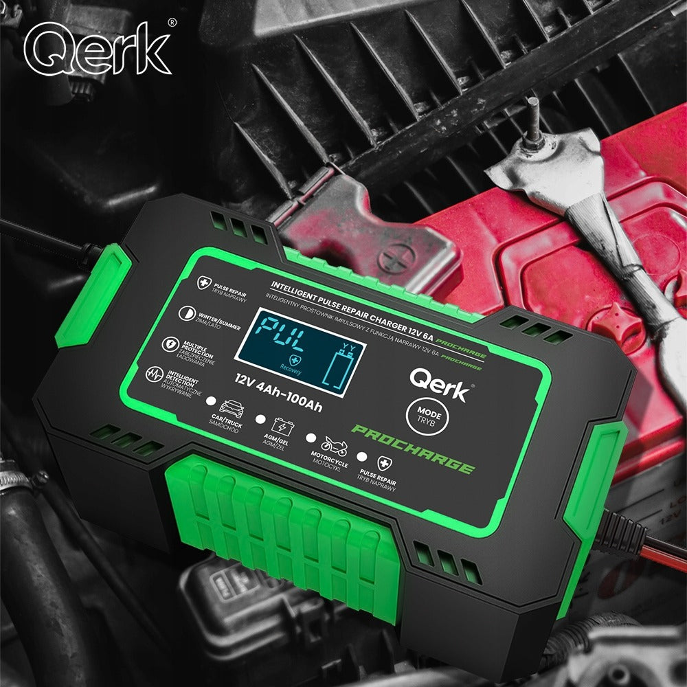 Automobilio akumuliatoriaus pakrovėjas 12V 6A su mikroprocesoriumi ir akumuliatoriaus taisymo funkcija QERK RJ-C120501A, impulsinis automatinis pakrovėjas AGM GEL EFB Start Stop akumuliatoriams