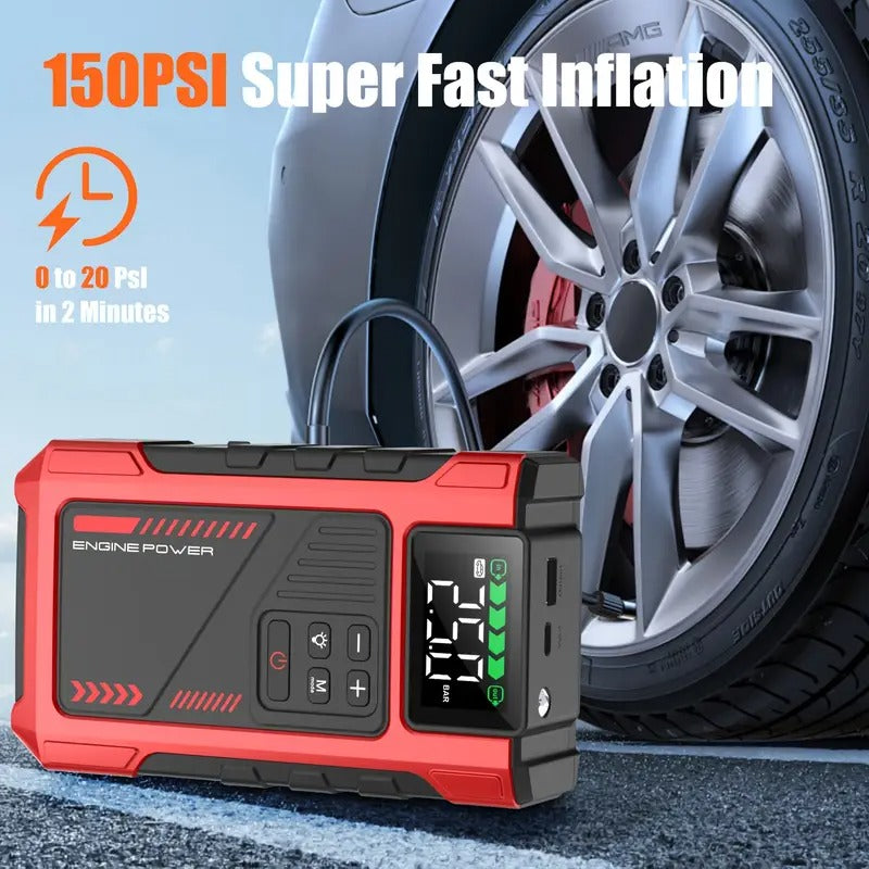Automobilio užvedėjas su oro kompresoriumi 12V 6000A akumuliatoriaus starteris su LCD ekranu, LED žibintuvėliu ir Power Bank funkcija, tinka benzininiams iki 7.5L ir dyzeliniams iki 6L varikliams