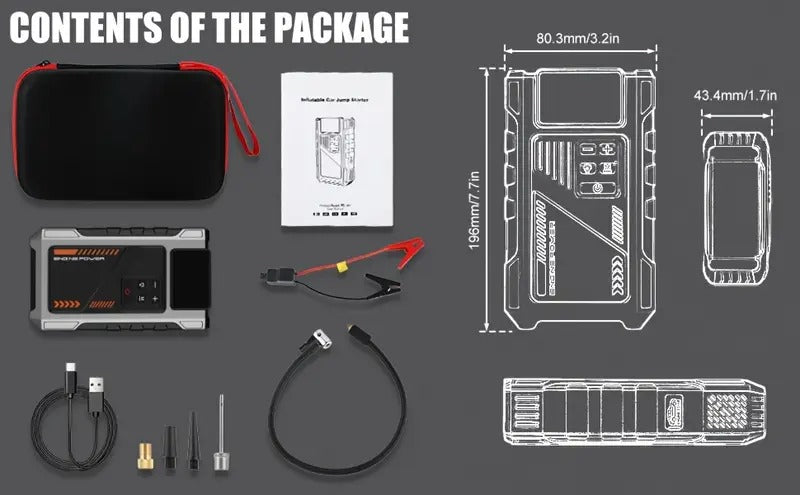 Automobilio užvedėjas su oro kompresoriumi 12V 6000A akumuliatoriaus starteris su LCD ekranu, LED žibintuvėliu ir Power Bank funkcija, tinka benzininiams iki 7.5L ir dyzeliniams iki 6L varikliams