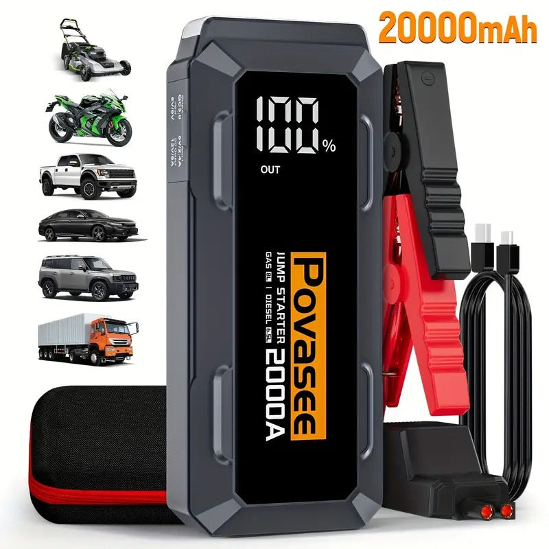 Automobilio užvedėjas Povasee A20 20000mAh 2000A – akumuliatoriaus paleidėjas su Power Bank ir LED žibintuvėliu