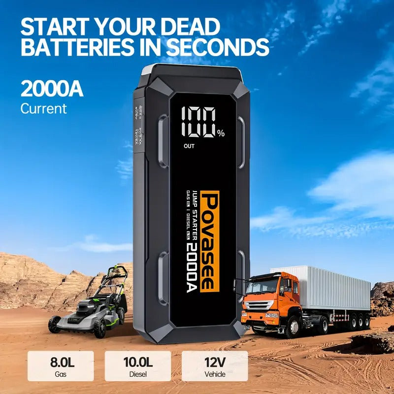 Automobilio užvedėjas Povasee A20 20000mAh 2000A – akumuliatoriaus paleidėjas su Power Bank ir LED žibintuvėliu