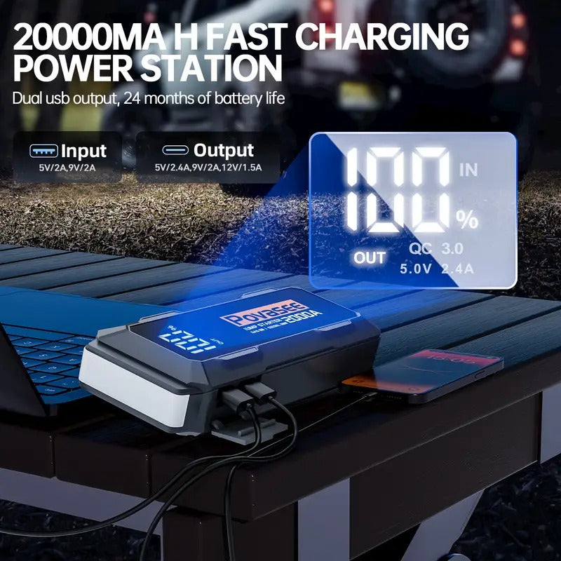 Automobilio užvedėjas Povasee A20 20000mAh 2000A – akumuliatoriaus paleidėjas su Power Bank ir LED žibintuvėliu