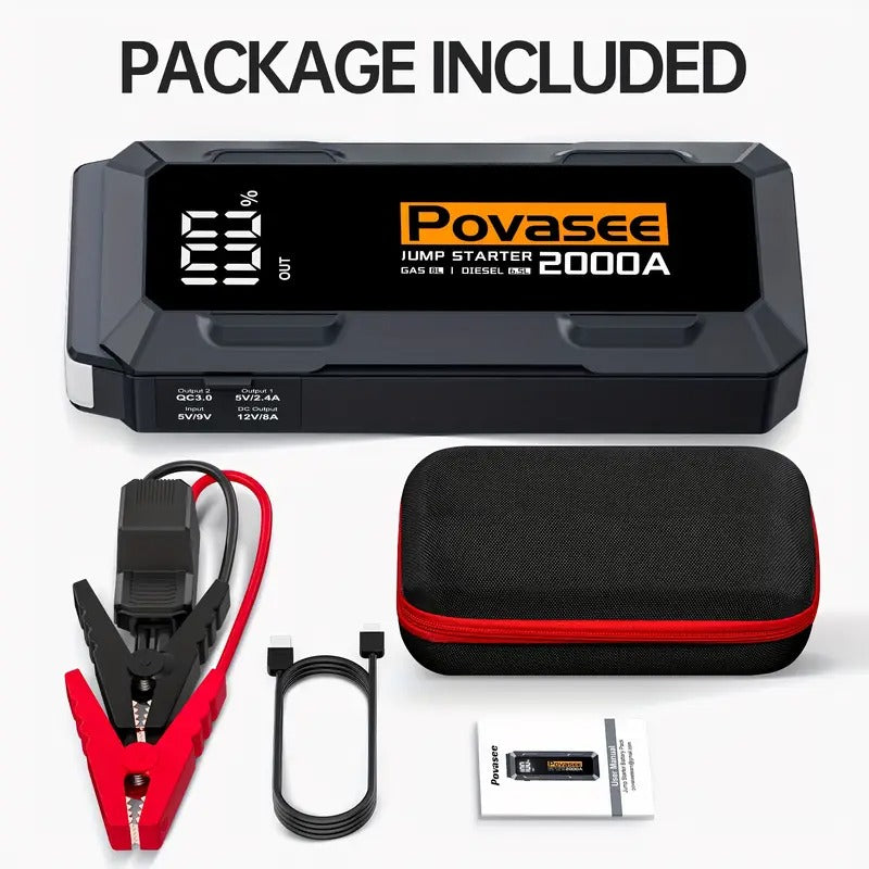 Automobilio užvedėjas Povasee A20 20000mAh 2000A – akumuliatoriaus paleidėjas su Power Bank ir LED žibintuvėliu