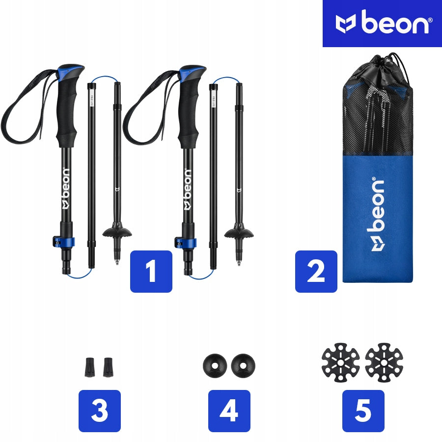 Sulankstomos reguliuojamos trekingo lazdos Beon Fold Lite Blue 110–130 cm – aliuminio, su dėklu ir antgaliais