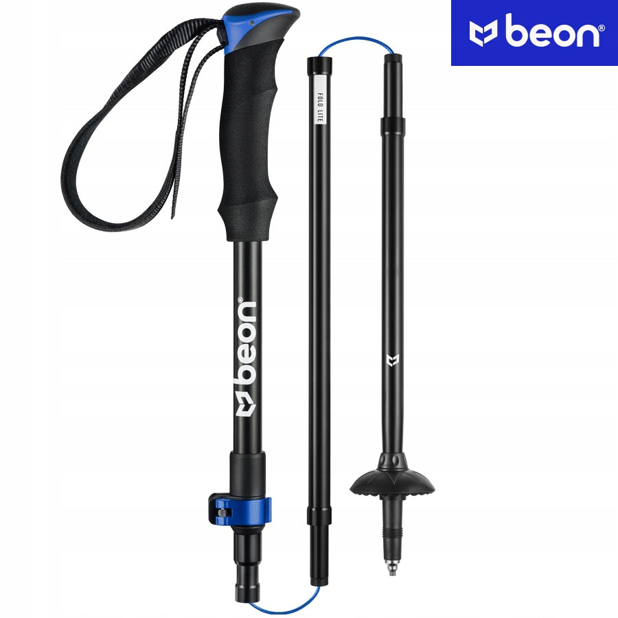 Sulankstomos reguliuojamos trekingo lazdos Beon Fold Lite Blue 110–130 cm – aliuminio, su dėklu ir antgaliais