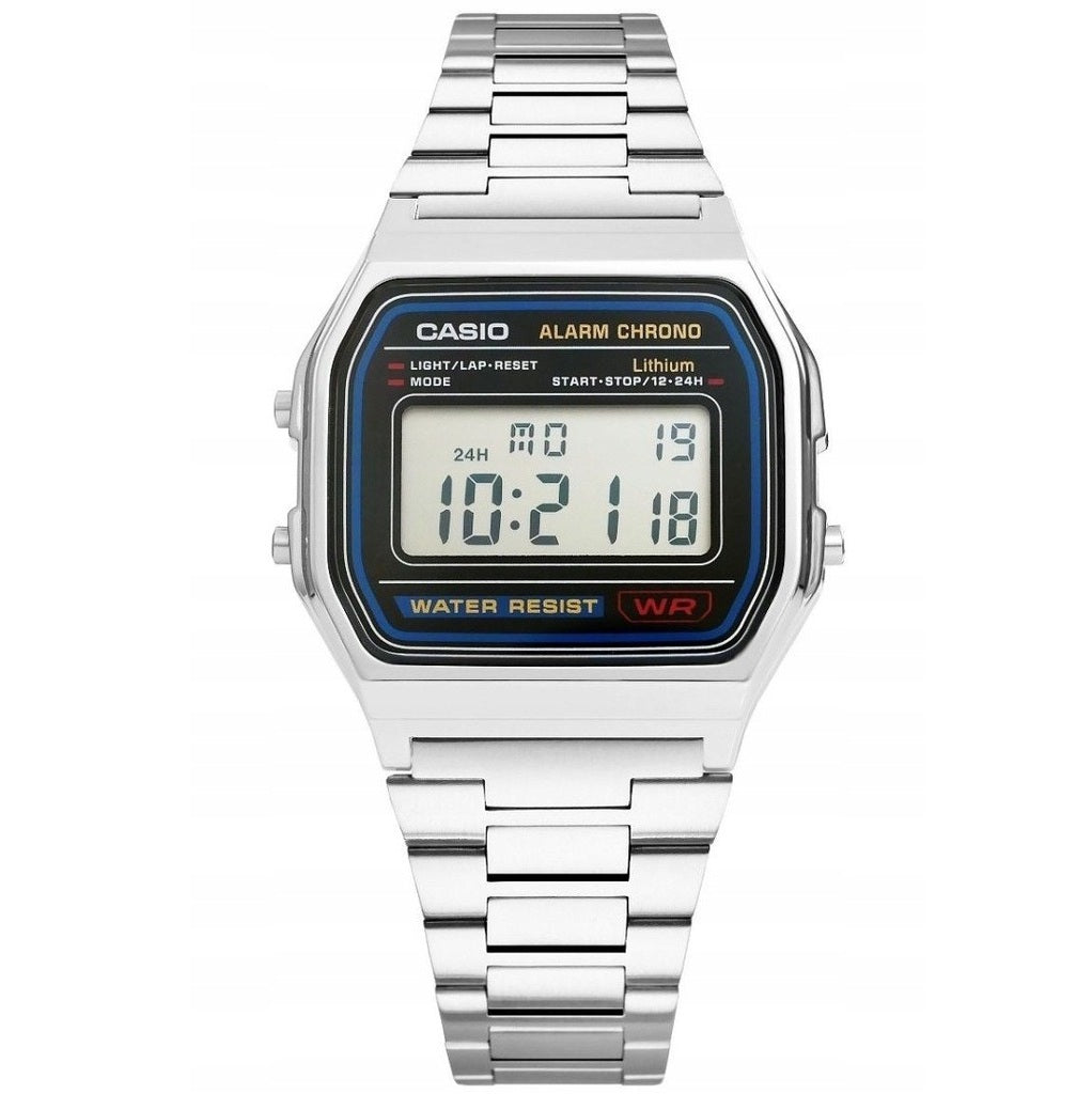 CASIO A158WA-1DF laikrodis Unisex + dėžutė – retro klasika, LED pašvietimas, chronometras, 12/24h formatas