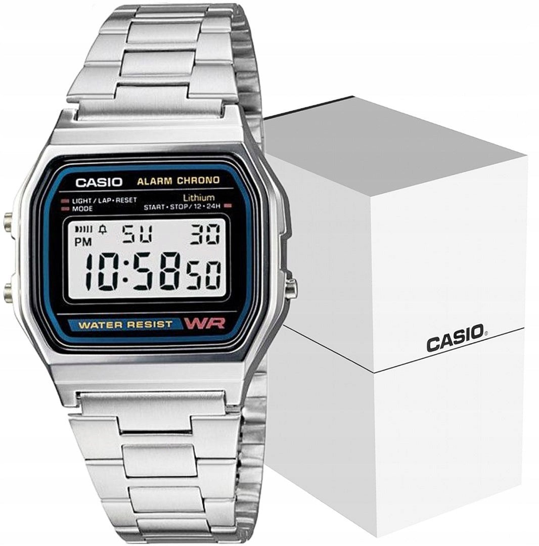 CASIO A158WA-1DF laikrodis Unisex + dėžutė – retro klasika, LED pašvietimas, chronometras, 12/24h formatas