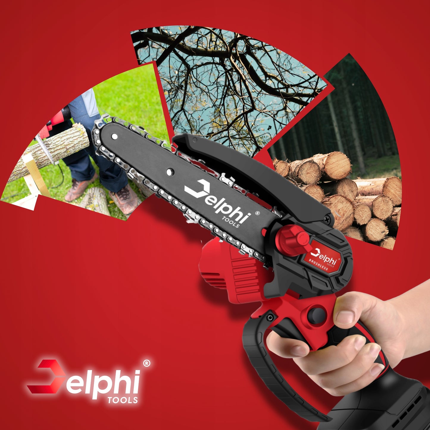 Delphi Tools bešepetis akumuliatorinis grandininis pjūklas 6" su 2x21V baterijomis, lagaminu ir priedais